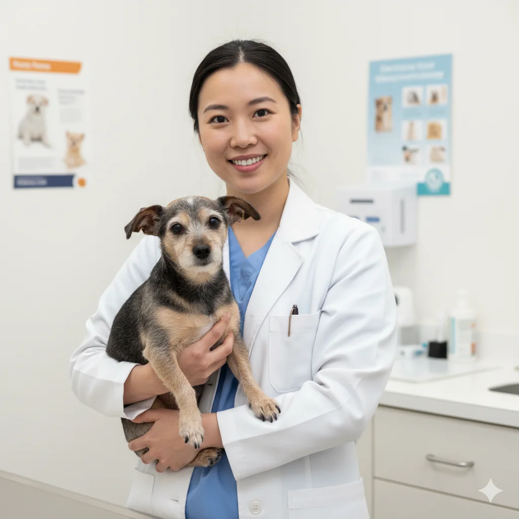 IMA-GLT: 專業的亞洲獸醫專家微笑著抱著一隻高齡犬，展現信任與專業感