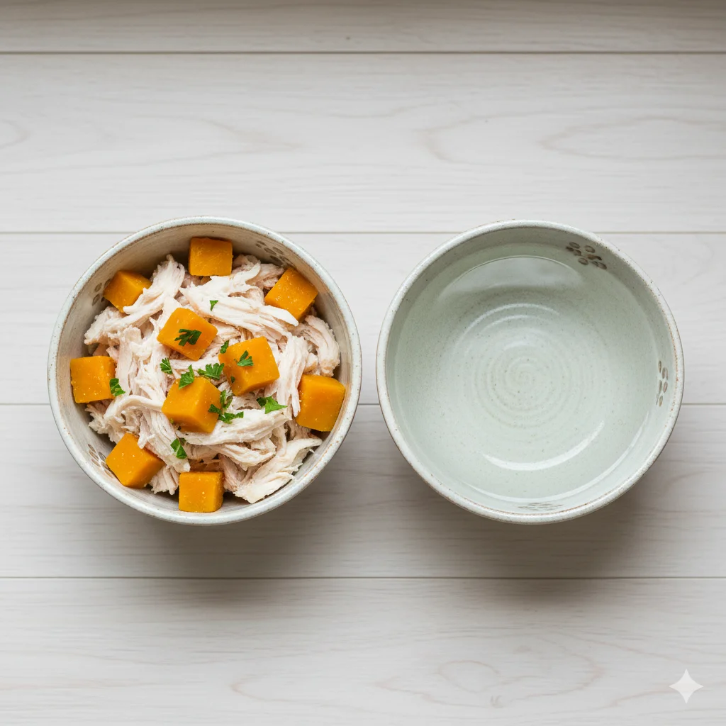 IMA-GLT: 一碗適合高齡犬的高品質軟質狗食，包含新鮮水煮雞肉與南瓜，看起來美味健康